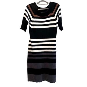 Allison Brittney Knit Quarter Sleeve Dress Black White & Brown Stripes Medium